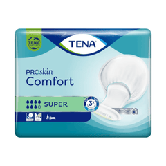 The packaging for the TENA Comfort Super incontinence pad, with its clear product illustration, uses distinctive icons to highlight its dermatologically tested properties and dryness protection. The design, which is predominantly blue and green, makes the product easy to identify.