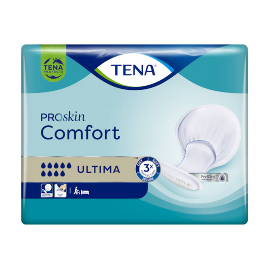 Das Bild zeigt eine Packung TENA Comfort Ultima Inkontinenzvorlage Inkontinenzeinlagen. Die blaugrüne und blaue Verpackung zeigt das TENA-Logo und Symbole, die den Sauggrad der Einlage, den Auslaufschutz und die FeelDry Advanced-Technologie für starken Harnverlust anzeigen.