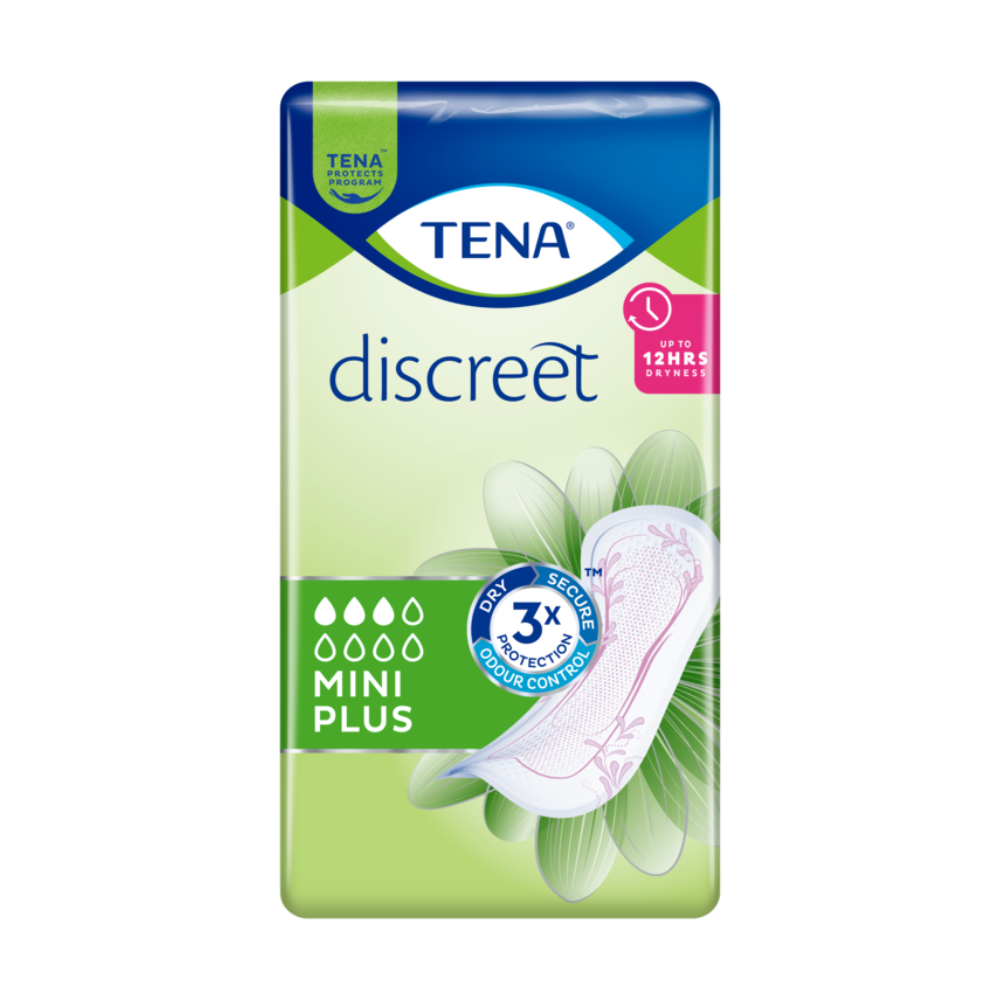 Bild der Verpackung TENA Discreet Mini Plus Inkontinenzeinlage | Packung (20 Stück), entwickelt für Blasenschwäche-Einlagen. Die Verpackung ist grün und blau mit einem weißen Pad-Bild und enthält die Texte „bis zu 12 Stunden Trockenheit“, „3-facher Schutz gegen Geruchskontrolle“ und „Mini Plus“. Das Markenlogo und der Name von TENA sind oben gut sichtbar angebracht.
