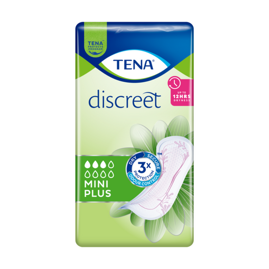 Eine Packung TENA Discreet Mini Plus Inkontinenzeinlage für Blasenschwäche mit Dry Secure und 3x Odour Control. Die grün-blaue Verpackung enthält eine Abbildung von saugfähigen Schichten, die bis zu 12 Stunden Trockenheit versprechen.