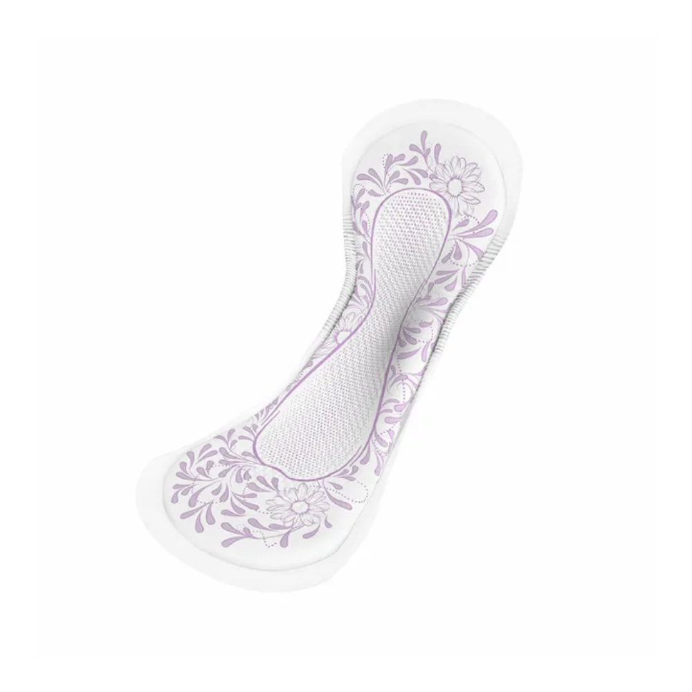 A detailed image of a TENA Discreet Normal Night incontinence pad, showing its white base with light purple floral patterns on the sides. This pad was developed by TENA – Essity Germany GmbH for bladder weakness protection and features a textured center to enhance absorbency.