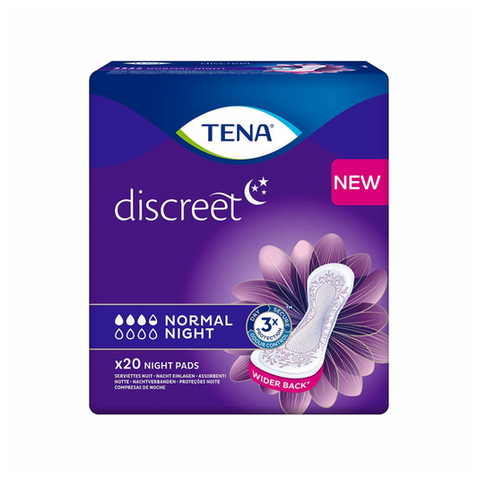 Bild einer Produktpackung TENA Discreet Normal Night Inkontinenzeinlage | Packung (20 Stück). Die violette Verpackung zeigt oben das TENA-Logo und hebt eine Abbildung einer Nachtbinde mit den Texten „Normal Night“, „3X Protection“, „Wider Back“ hervor und enthält 20 Inkontinenzeinlagen. Das Etikett „NEU“ ist ebenfalls vorhanden.
