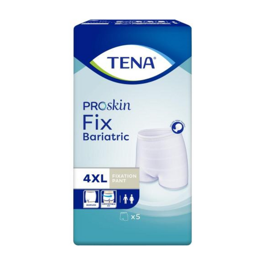Eine Packung TENA Fix Bariatric 4XL Fixierhosen. Die blau-weiße Verpackung zeigt auf der Vorderseite ein Bild der TENA Fix Bariatic Inkontinenz-Fixierhosen und weist darauf hin, dass sie fünf Mehrfach verwendbare Fixierhöschen enthält.