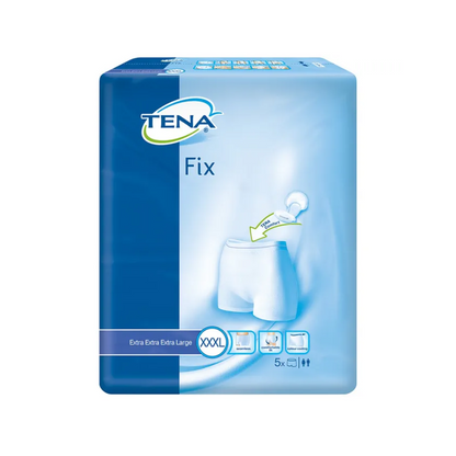 Das Bild zeigt eine Packung TENA Fix Inkontinenz-Fixierhosen von TENA – Essity Germany GmbH. Die Verpackung ist blau mit weißem Text, weist auf die Größe XXXL hin und enthält fünf Stück. Eine Illustration unterstreicht die Passform und sorgt für zuverlässigen Auslaufschutz für mehr Vertrauen.