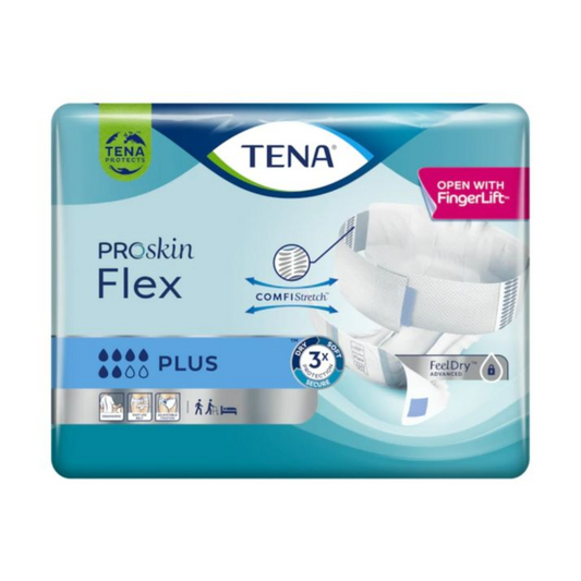 Eine Packung TENA Flex Plus Inkontinenzvorlage mit Hüftbund für Erwachsene. Die hauptsächlich blau-grüne Verpackung trägt Etiketten wie „COMFIStretch“, „FeelDry Advanced“ und „Open with FingerLift“. Diese Inkontinenzvorlage ist mit einem Hüftbund für mittleren bis starken Schutz ausgestattet und bietet außergewöhnlichen Komfort.