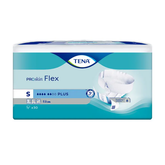 Eine rechteckige Verpackung mit der Aufschrift „TENA ProSkin Flex“ in Größe Small (S), Saugstärke Plus. Die überwiegend blau-weiße Verpackung zeigt eine Abbildung der TENA Flex Plus Inkontinenzhose mit COMFIStretch-Hüftbund. Die auf Komfort ausgelegte Verpackung enthält 30 Einheiten Inkontinenzvorlage.