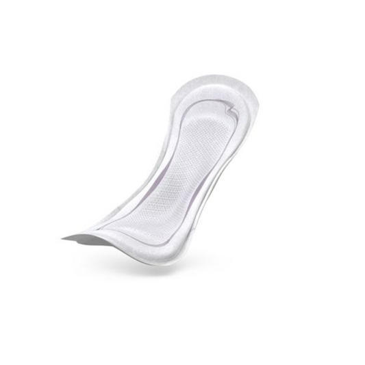 Eine TENA Lady Discreet Extra Inkontinenzeinlage | Packung (20 Stück) ist vor einem weißen Hintergrund zu sehen. Die leicht gewölbte Einlage besticht durch ihre strukturierte Oberfläche, saugfähige Schichten und InstaDry™ Technologie für maximalen Komfort.