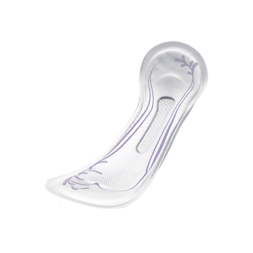 Eine transparente, konturierte TENA Lady Discreet Maxi-Einlegesohle mit violetten Zierelementen bietet Halt und Komfort. Sie wurde von Essity Germany GmbH speziell für den bequemen Sitz in Schuhen entwickelt und unterstützt alle, die nach diskreten Lösungen für Probleme wie Blasenschwäche suchen, ohne dabei auf Stil verzichten zu müssen.