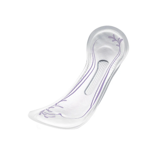 Eine TENA Lady Discreet Maxi Inkontinenzeinlage mit strukturierter Oberfläche und violetten dekorativen Akzenten, konzipiert für die Polsterung und Unterstützung von Schuhen – ideal für Frauen mit Blasenschwäche.