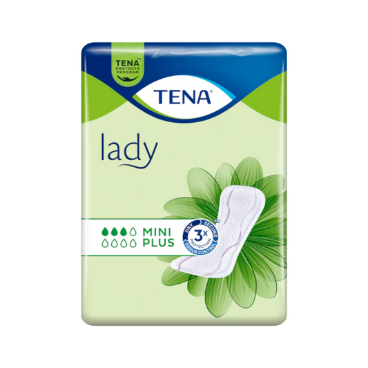 Eine Packung TENA Lady Mini Plus Slipeinlage, entwickelt für leichte Blasenschwäche. Die Packung ist hauptsächlich grün und blau und zeigt eine Abbildung einer Einlage und den Text „TENA“ oben. Das Etikett weist auf 3-fachen Schutz mit einem Blumendesign im Hintergrund hin. Dieses Inkontinenzprodukt bietet diskrete und zuverlässige Unterstützung.
