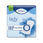 Die Verpackung der TENA Lady Super Inkontinenzvorlage | Packung (30 Stück) von TENA - Essity Germany GmbH ist in blau-weiß gehalten. Markante Elemente wie die Worte „Lady“ und „SUPER“, Saugtropfen, eine Blumengrafik sowie Begriffe wie „Odour Control“ machen sie zur idealen Wahl für alle, die im Rahmen des TENA Protects Programms zuverlässigen Inkontinenzschutz suchen.