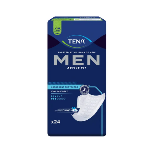 Eine Packung TENA Men Active Fit Level 1 Inkontinenzeinlage | Packung (24 Stück). Auf der dunkelblauen Schachtel steht „Level 1“ und „x24“, was bedeutet, dass es sich um 24 absorbierende Einlagen handelt. Die Produktseite hebt das 100 % diskrete Design und die sichere Absorptionszone zum Auslaufschutz hervor.