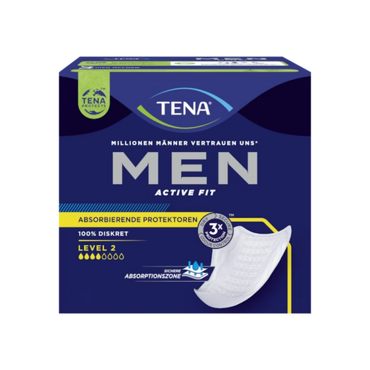 Eine Packung TENA Men Active Fit Level 2 Inkontinenzeinlage. Die marineblaue Verpackung enthält den Produktnamen, eine Beschreibung und den Saugstärkeindikator Level 2 für Männer-Harnverlust. Auf der Vorderseite der Packung ist ein Bild einer der Inkontinenzeinlagen abgebildet.