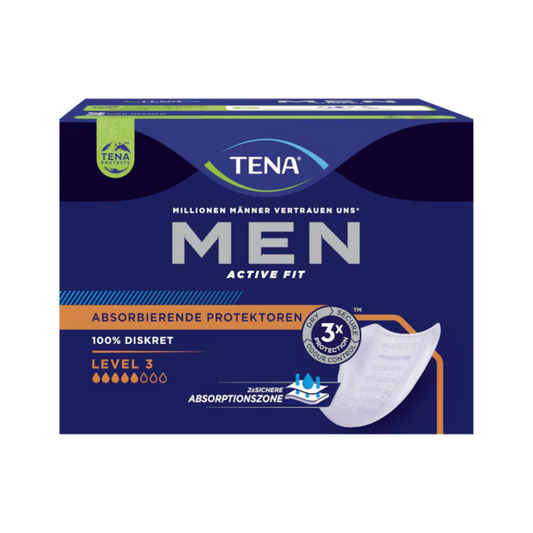 Das Bild zeigt eine Schachtel TENA Men Active Fit Level 3 Inkontinenzeinlage. Auf der Verpackung wird auf 3-fache Saugkraft, Schutz vor Auslaufen und 100 % Diskretion geachtet. Das Farbschema ist hauptsächlich blau mit orangefarbenen Akzenten, was die Attraktivität als Inkontinenzeinlagen für Männer erhöht.