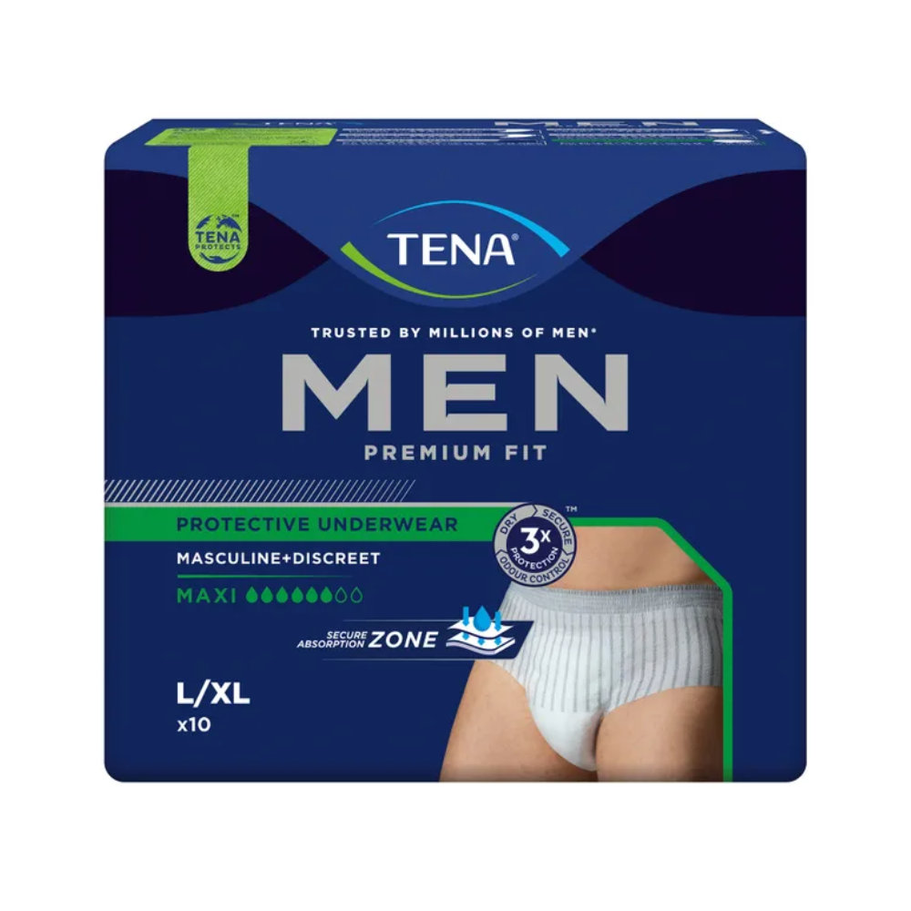 The packaging for the TENA Men Active Fit Pants Maxi incontinence pants is presented. The dark blue packaging highlights features such as "masculine + discreet" and "Maxi Absorption," making it perfect for heavy urine loss. An illustration of the incontinence pants and the size L/XL is shown.