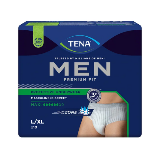 Eine Packung TENA Men Active Fit Pants Maxi Inkontinenzpants, Größe L/XL, enthält 10 Stück. Die dunkelblaue Verpackung mit grünen Akzenten zeigt einen Mann, der die Unterwäsche trägt. Konzipiert für starken Harnverlust, bieten diese TENA Inkontinenzpants maskulinen und diskreten Schutz mit einer sicheren Saugzone.