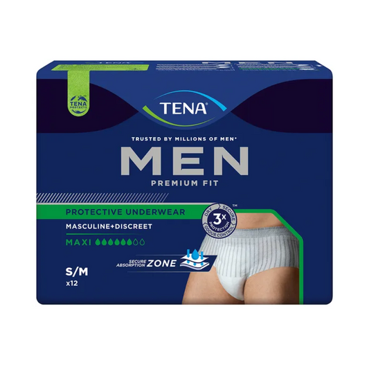 Das Bild zeigt eine Packung TENA Men Active Fit Pants Maxi Inkontinenzpants, auch bekannt als TENA Men Active Fit Pants, die für den diskreten und maskulinen Gebrauch konzipiert sind. Die Verpackung weist die Größe S/M aus und enthält 12 Stück. Ideal bei starkem Harnverlust, auf der Vorderseite ist ein Bild des getragenen Produkts abgebildet.