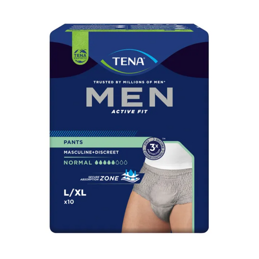 Bild einer Packung TENA Men Active Fit Pants Normal Inkontinenzpants, grau. Die Packung trägt die Aufschrift „MASULINE + DISCREET“ und „Normale Absorption“ mit den Größen „L/XL“ und „10 Stück“. Diese TENA Einwegunterwäsche für Männer wurde für sichere Absorption entwickelt und bewältigt mittelstarken Harnverlust. Auf einem Foto der Taille einer Person, die das Produkt trägt, ist eine graue Farbe zu sehen.