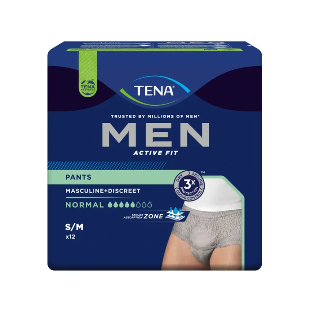 The image shows a pack of TENA Men Active Fit Pants Normal incontinence pants in gray, perfect for managing urinary loss. The predominantly dark blue packaging with green accents identifies the product at the bottom right and emphasizes its masculine and discreet design with normal absorbency.