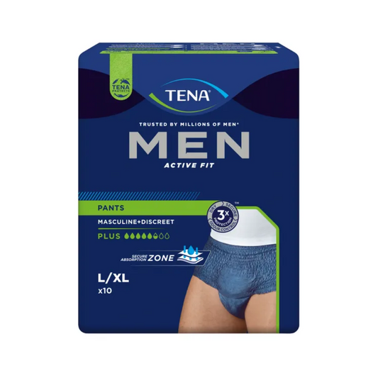 Das Bild zeigt eine Packung TENA Men Active Fit Pants Plus Inkontinenzpants, blau, Größe L/XL. Die dunkelblaue Verpackung mit grünen Akzenten zeigt ein Bild einer Person, die das Produkt trägt. Der Text besagt, dass es maskulin, diskret, mit 3-fachem Schutz und saugfähigem Kern zur Vermeidung von Harnverlust ist. Enthält 10 Pants.
