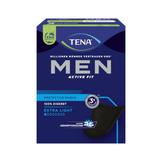 Eine Packung TENA Men Active Protective Shield Extra Light Inkontinenzeinlage | Packung (14 Stück). Die Verpackung ist überwiegend dunkelblau mit grünen Akzenten und enthält Text, der auf Merkmale wie 100 % Diskretion, extra leichte Saugfähigkeit und eine Dreifachschutzzone hinweist.