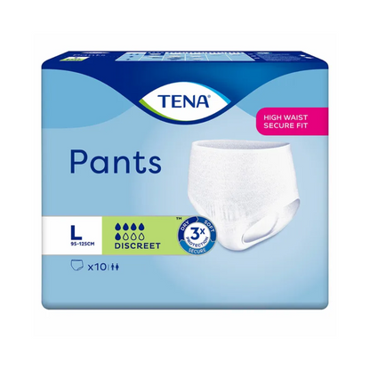 The TENA Pants Discreet incontinence pants from TENA – Essity Germany GmbH in size Large offer a high, secure fit. The packaging emphasizes its discreet design, including 10 disposable pants (disposable underwear), with a blue and white color scheme highlighting its absorbency and safety features for treating bladder weakness.