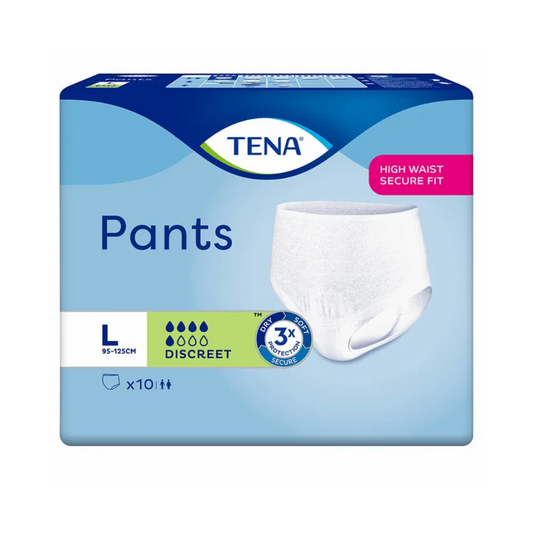 Abbildung einer Packung TENA Pants Discreet Inkontinenzpants mit hoher Taille, sicher sitzende Hose für mittelstarke Blasenschwäche. Die Packung ist blau und weiß, mit „Pants“ beschriftet und zeigt ein Muster des Produkts. Größe L (95-125cm), mit 10 Pants pro Packung. Mit Dreifachschutz für optimalen Schutz von TENA.