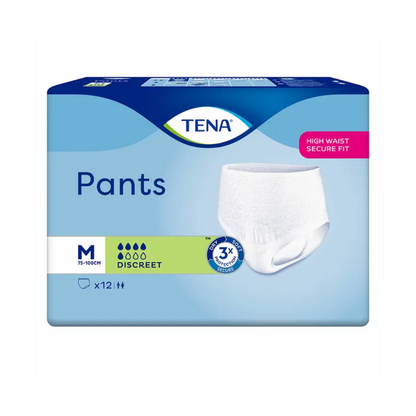 The image shows TENA Pants Discreet incontinence pants, medium size, suitable for waist sizes 75-100 cm. The packaging is designed in blue and white with a product image emphasizing "Discreet" and "High Waist Secure Fit." It is an ideal disposable underwear solution for bladder weakness. Contains 12 pieces. Produced by TENA – Essity Deutschland GmbH.