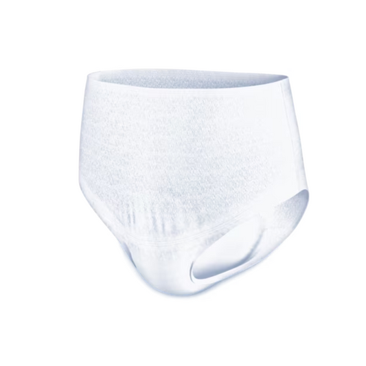 Eine weiße Einwegunterwäsche in Erwachsenengröße mit Dreifachschutz, mit elastischem Bund und Beinausschnitten. Geeignet für mittelstarke Blasenschwäche, das Material wirkt glatt und leicht strukturiert. Das Produkt TENA TENA Pants Discreet Inkontinenzpants ist vor einem schlichten weißen Hintergrund fotografiert.