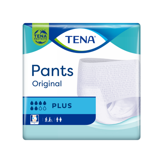 Das Bild zeigt eine Packung TENA Pants Original Plus Inkontinenzpants, eine Art Inkontinenzpants. Die Verpackung ist überwiegend blaugrün und weiß gehalten und zeigt ein großes Bild von Inkontinenzunterwäsche für Erwachsene. Oben links befindet sich das TENA-Logo und unten sind Symbole zu Saugfähigkeit und Geschlechtsneutralität zu sehen.