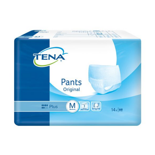 Abgebildet ist eine Packung TENA Pants Original Plus Inkontinenzpants in der Größe Medium. Die überwiegend blau-weiße Verpackung zeigt auf der Vorderseite ein Bild des Produkts. Auf der Verpackung steht, dass sie 14 Pants mit der Saugstärke Plus enthält, ideal, um Blasenschwäche effektiv zu behandeln.