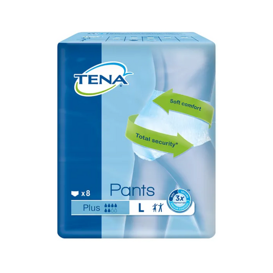 Ein Bild einer Packung TENA Pants Plus ConfioFit Inkontinenzpants in Größe Large. Die hauptsächlich blaue Packung mit dem TENA-Logo oben links hebt Merkmale wie „Soft Comfort“ und „Total Security“ hervor. Die Packung ist für Männer und Frauen mit Blasenschwäche konzipiert und enthält 8 Inkontinenzpants.
