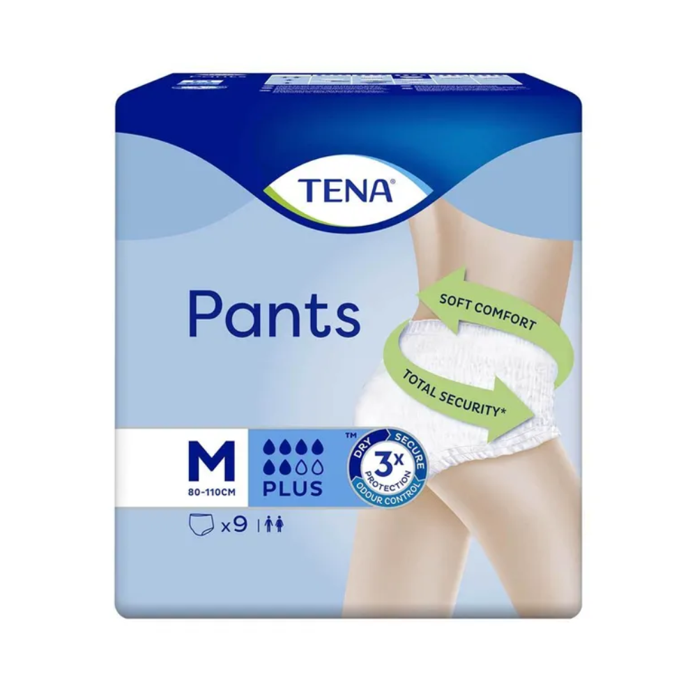 Image of a pack of TENA Pants Plus ConfioFit incontinence pants by TENA - Essity Germany GmbH, medium size 80-110 cm, with Plus absorbency. The packaging shows a person wearing the pants and emphasizes 'Soft Comfort' and 'Total Security' for effective protection against bladder weakness. Contains 9 pieces.