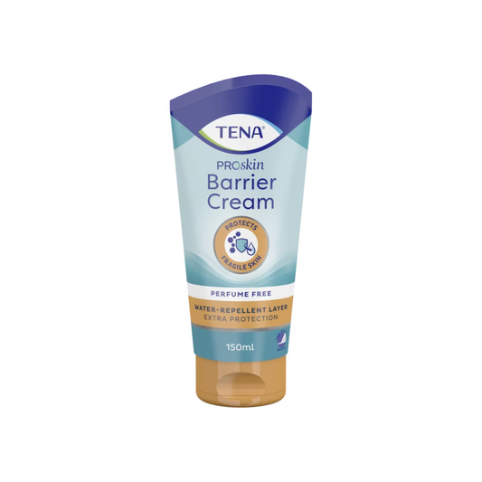 Eine 150-ml-Tube TENA ProSkin Barrier Cream, pflegende Creme | Packung (150 ml) in blau-beiger Verpackung bietet zusätzlichen Schutz mit einer wasserabweisenden Schicht. Die parfümfreie Formel ist mit Vitamin E angereichert und zum Schutz empfindlicher Haut konzipiert.
