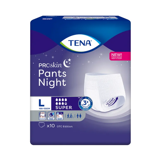 Eine Packung TENA ProSkin Pants Night Super Inkontinenzhosen, konzipiert für Blasenschwäche, in der Größe Large für Taillenumfänge von 100-135 cm. Die Packung enthält 10 Stück mit super Saugfähigkeit, mit Abbildungen der Produktvorteile und Anwendungshinweisen.