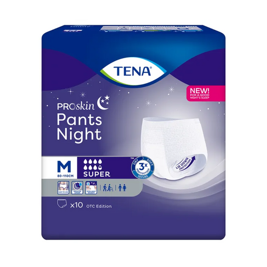 Das Bild zeigt eine Packung TENA ProSkin Pants Night Super Inkontinenzhosen in Größe M (80-110 cm). Die Packung enthält 10 super saugfähige Hosen, die für den Einsatz über Nacht zur Behandlung von Blasenschwäche konzipiert sind. Die blaue Verpackung hebt Produktdetails und Symbole hervor, die auf Funktionen und Vorteile hinweisen.
