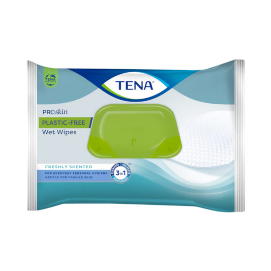 Eine Packung TENA ProSkin Plastic-Free Feuchttücher | Packung (48 Stück). Die Verpackung verfügt über einen grünen Klappdeckel, ein Markenzeichen und einen Text, der darauf hinweist, dass die Tücher frisch duften, sanft zu empfindlicher Haut sind und sich für die tägliche Körperhygiene eignen.