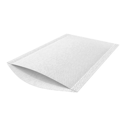 Pictured is a structured, white, padded envelope reminiscent of TENA ProSkin Wet Wash Gloves, fragrance-free wash gloves by TENA – Essity Germany GmbH. The envelope is partially open, revealing the lining. Viewed from a slightly tilted angle, the rectangular shape and smooth edges are highlighted.