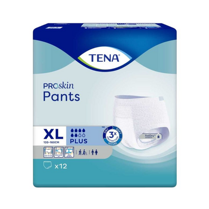Die TENA Proskin Pants Plus Inkontinenzhosen in Größe XL (120-160 cm) verfügen über eine 3-fache Saugkraft und sind damit perfekt für Personen mit Übergröße. Dieses 12er-Pack enthält eine feuchtigkeitsreduzierende Technologie mit einer FeelDry-Schicht, die dafür sorgt, dass diese Inkontinenzhosen außergewöhnlichen Komfort und Trockenheit bieten.