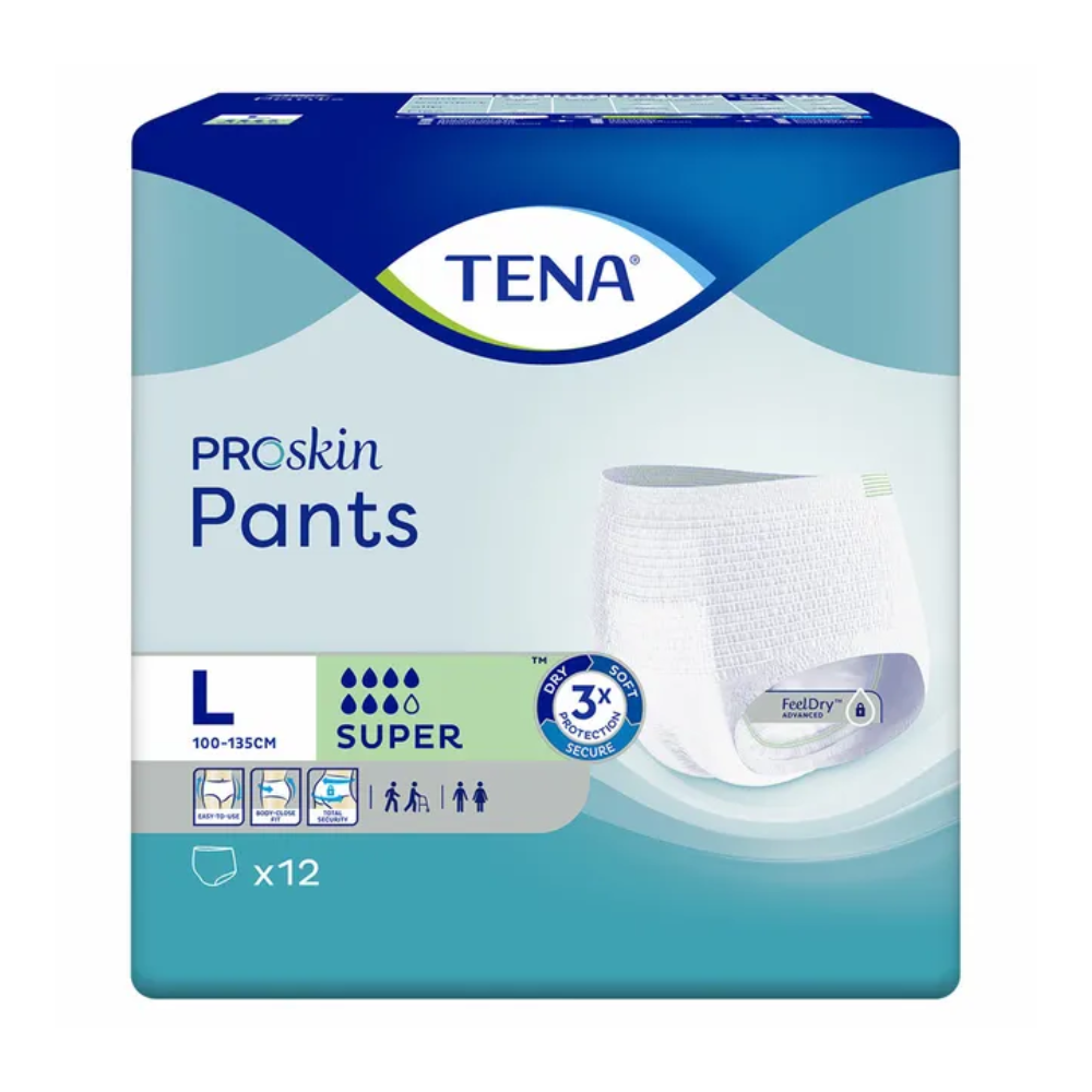 The TENA ProSkin Pants Super incontinence pants, size L from TENA - Essity Germany GmbH, are suitable for waist sizes between 100-135 cm. The packaging presents itself in a blue-green design and contains 12 super absorbent pants, which are perfect for the treatment of bladder weakness. Symbols emphasize the commitment to comfort and protection.