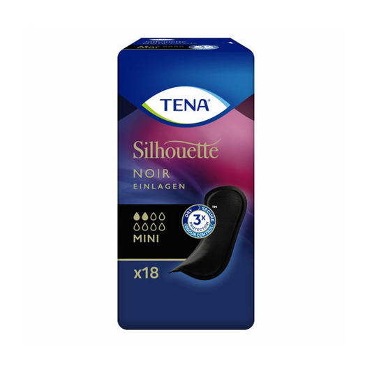 Eine Packung TENA Silhouette Noir Mini Slipeinlage mit Farbverlauf in Blau und Rosa, schwarz | Packung (18 Stück), enthaltend 18 schwarze Inkontinenz-Slipeinlagen. Auf der Verpackung sind das TENA-Logo, ein schwarzes Liner-Bild und Symbole für Saugfähigkeit und Dreifachschutz zu sehen. Dermatologisch getestet für Ihren Komfort.