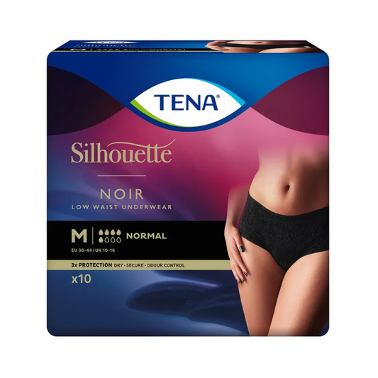 Das Bild zeigt die Verpackung der TENA Silhouette Normal Noir Inkontinenzpants. Die Verpackung ist überwiegend blau und rosa und zeigt den unteren Oberkörper einer Frau. Dieses mittelgroße Produkt passt in die Größen EU 38-44/UK 10-16, bietet normale Saugfähigkeit und enthält 10 Stück, perfekt zur Behandlung von Blasenschwäche.