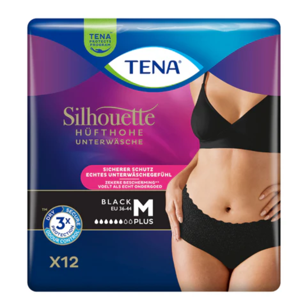 The packaging image of the TENA Silhouette Plus Black Incontinence Pants shows hip-high pants designed for bladder protection. The package with a stylish black torso and the inscription EU 36-44 M contains 12 pieces and promises triple protection against bladder weakness.