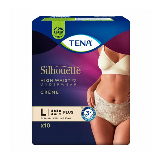 Das Bild zeigt eine Packung TENA Silhouette Plus Creme Inkontinenzpants in Cremefarbe. Die Verpackung zeigt eine Person, die die diskrete Unterwäsche trägt, und weist Details wie Größe L, EU 44-54/UK 16-22/Hüfte 50-60 und eine Menge von 10 Stück auf.