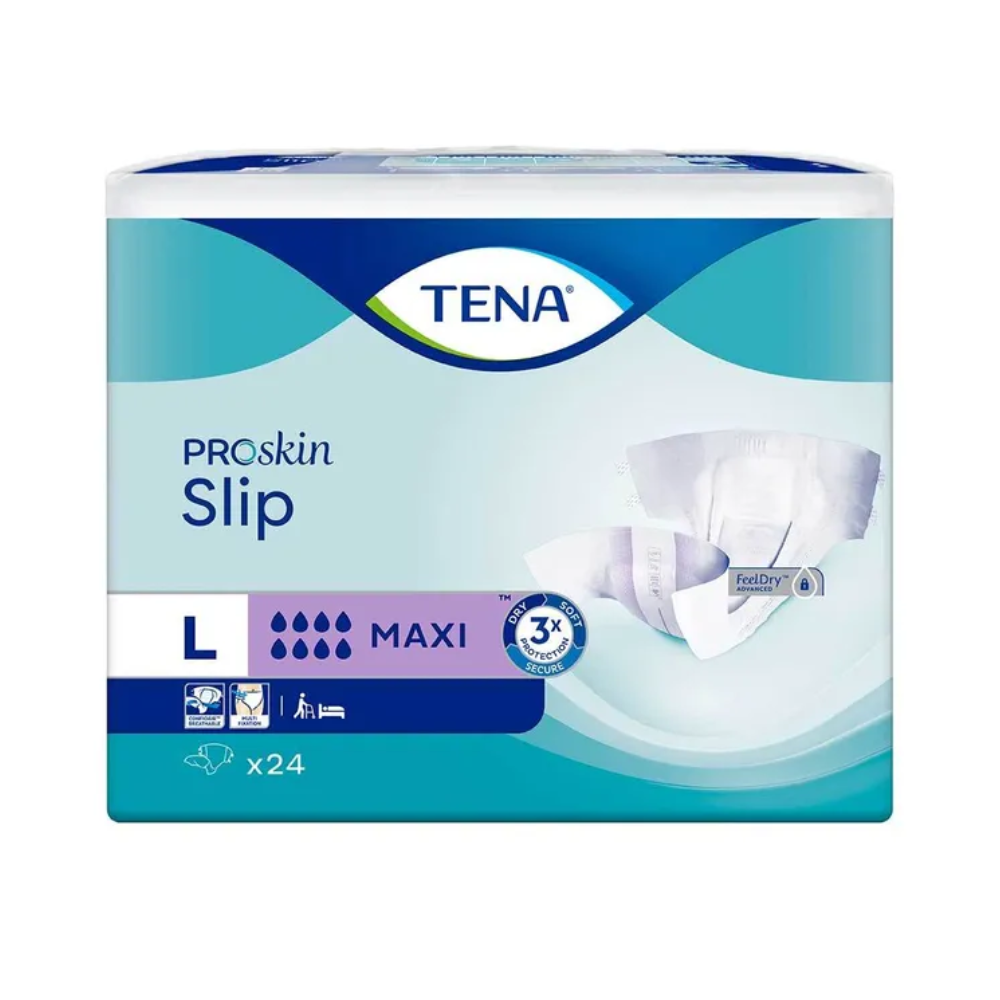 Die TENA Slip Maxi Inkontinenzvorlage mit Hüftbund, hergestellt von TENA - Essity Germany GmbH, bietet mit ihrer Maxi-Saugfähigkeit außergewöhnlichen Auslaufschutz. Die Verpackung enthält Produktbilder, die Merkmale wie Nässeindikatoren, atmungsaktives Gewebe und Geruchskontrolle hervorheben. Diese großformatige Verpackung enthält 24 Einheiten, die auf Ihre Inkontinenzbedürfnisse zugeschnitten sind.