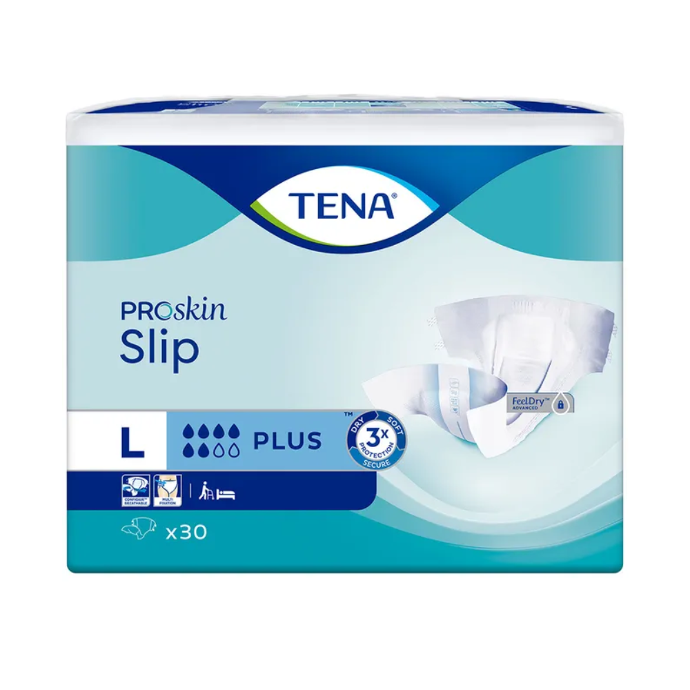 Abbildung einer Packung TENA Slip Plus Inkontinenzvorlage mit Hüftbund von TENA in Größe Large (L). Die überwiegend blau-weiße Verpackung zeigt Produktbilder, Symbole, die die Saugfähigkeit anzeigen, und eine Beschreibung des Auslaufschutzes. In der Packung sind 30 Inkontinenzvorlagen enthalten.