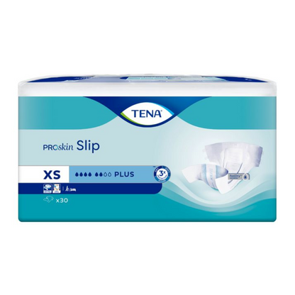 Die Verpackung der TENA Slip Plus Inkontinenzvorlage mit Hüftbund in der Größe XS ist blau-weiß gestaltet. Auf der Vorderseite ist eine Abbildung des Produkts abgebildet, die auf den Auslaufschutz und die Packungsgröße von 30 Stück hinweist.