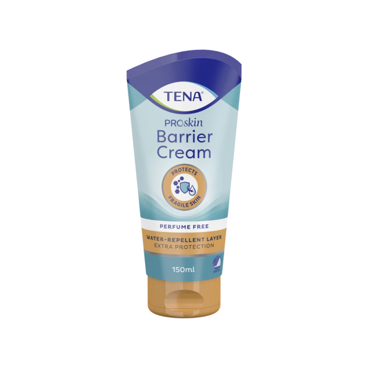 Abgebildet ist eine 150ml Tube TENA Zink Cream mit 10% Zinkoxid für empfindliche Haut. Die Verpackung ist hellblau mit dunkelblauen und gelben Akzenten. Sie weist darauf hin, dass das Produkt parfümfrei ist und bietet eine wasserabweisende Schicht für zusätzlichen Schutz, ideal für die Inkontinenzversorgung.