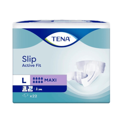 Pictured is a pack of TENA Slip Active Fit Maxi by TENA - Essity Germany GmbH in size large (22 pieces) with a product image and symbols for leak protection, absorbency, and application.