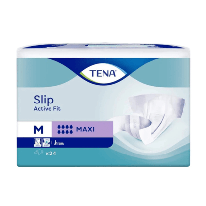 A rectangular pack of TENA Slip Active Fit Maxi by TENA - Essity Germany GmbH, size M with maxi absorbency and leak protection. Contains 24 slips in blue and white packaging with product images and symbols.